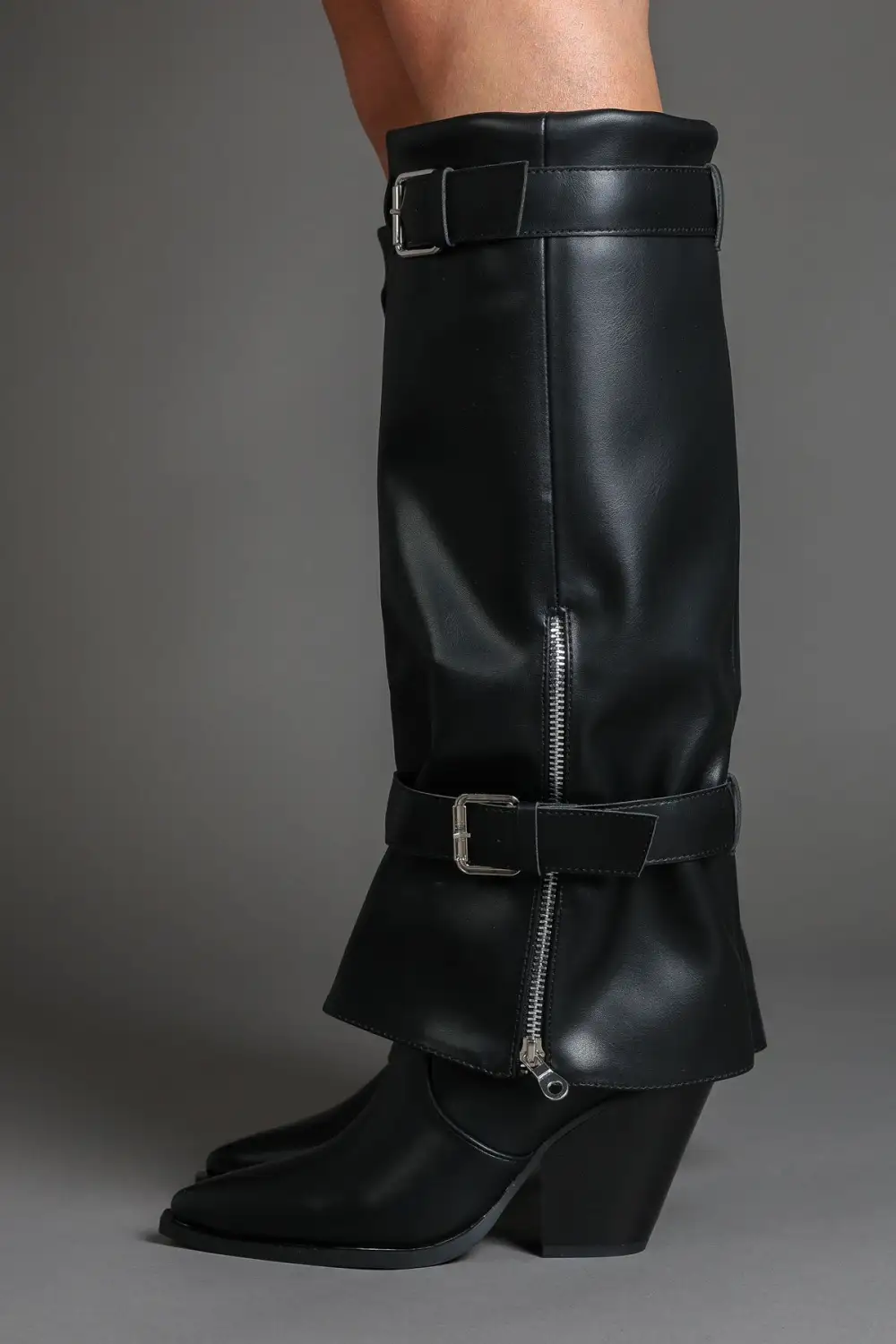 Western Slouch Fold-Over Biker Knee High Boots