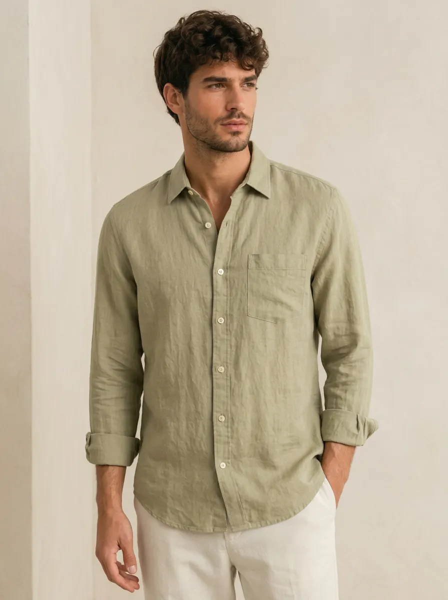 Men's Sage Green Long-Sleeve Button-Down Shirt with Patch Pocket Detail