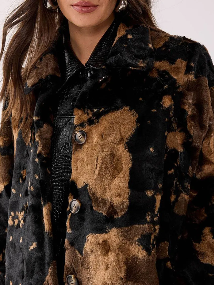 Brown Black Camo Print Long Shearling Coat