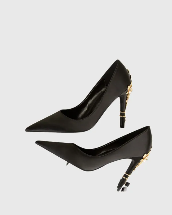 Metal Flower Heels in Black