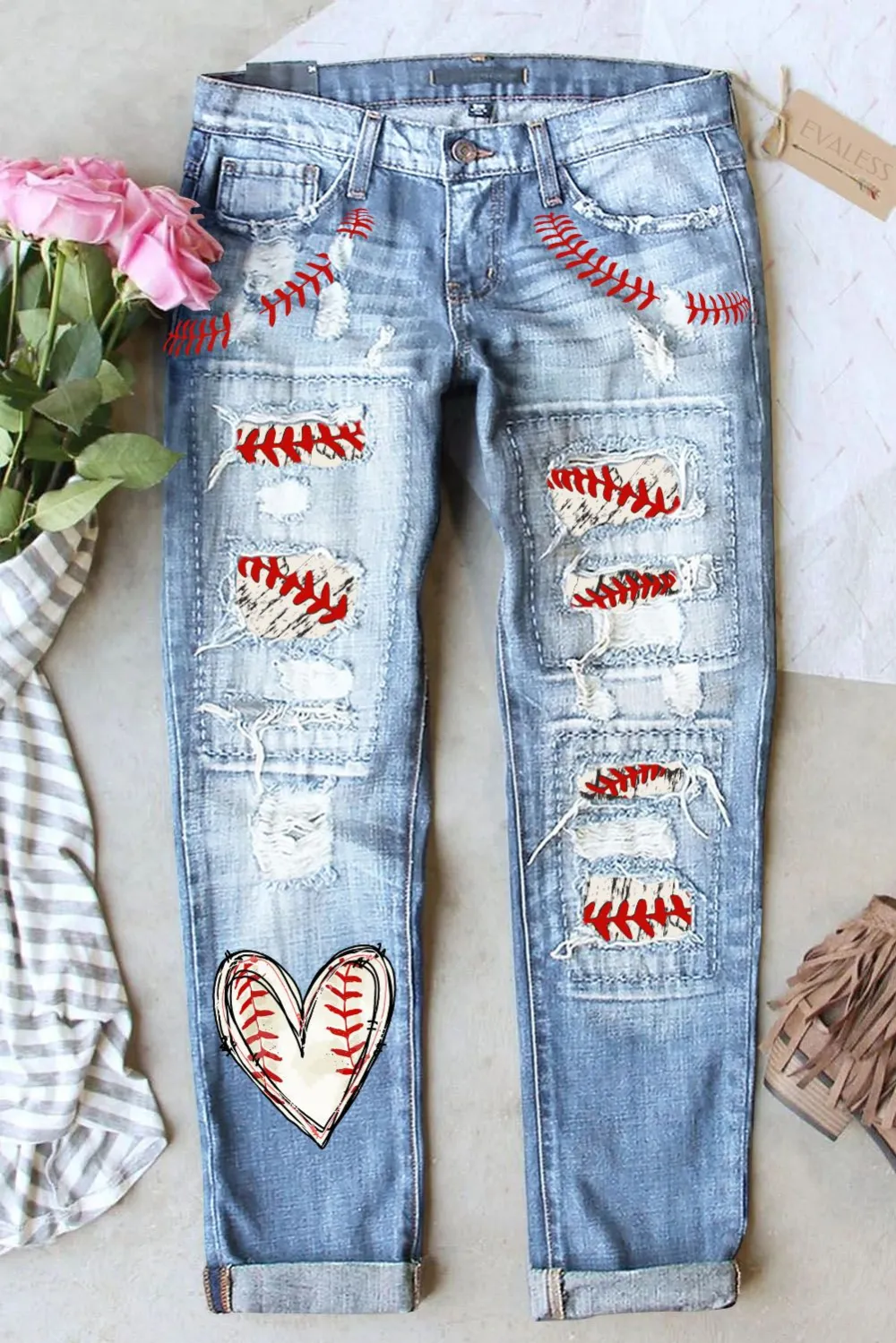 Baseball Heart Shift Casual Ripped Jeans