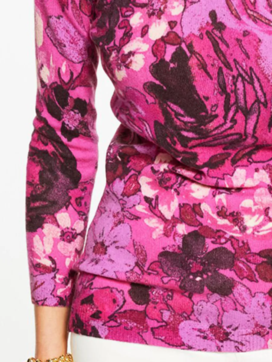 Lady'S Luxurious And Romantic Floral Cashmere Sweater