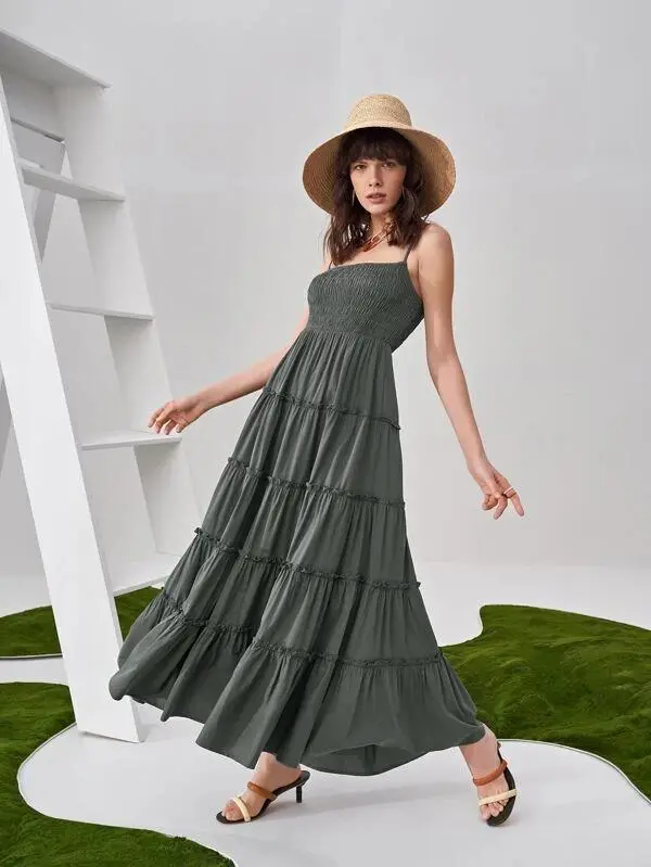 Women Shirred Detail Frill Layered Hem Cami Dress