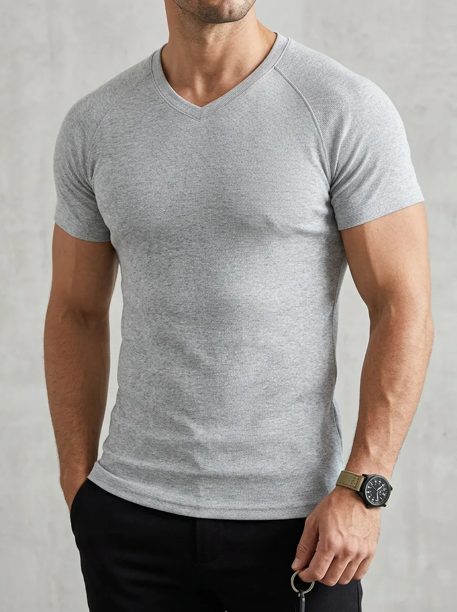 Refined Ribbed Raglan Sleeve V-Neck Profile Men's Slim Fit Short Sleeve T-Shirt