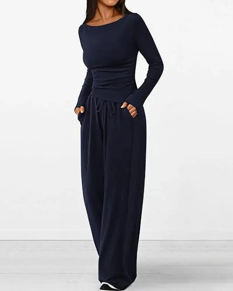 Asymmetrical Long Sleeve Top and Wide Leg Pants Lounge Set