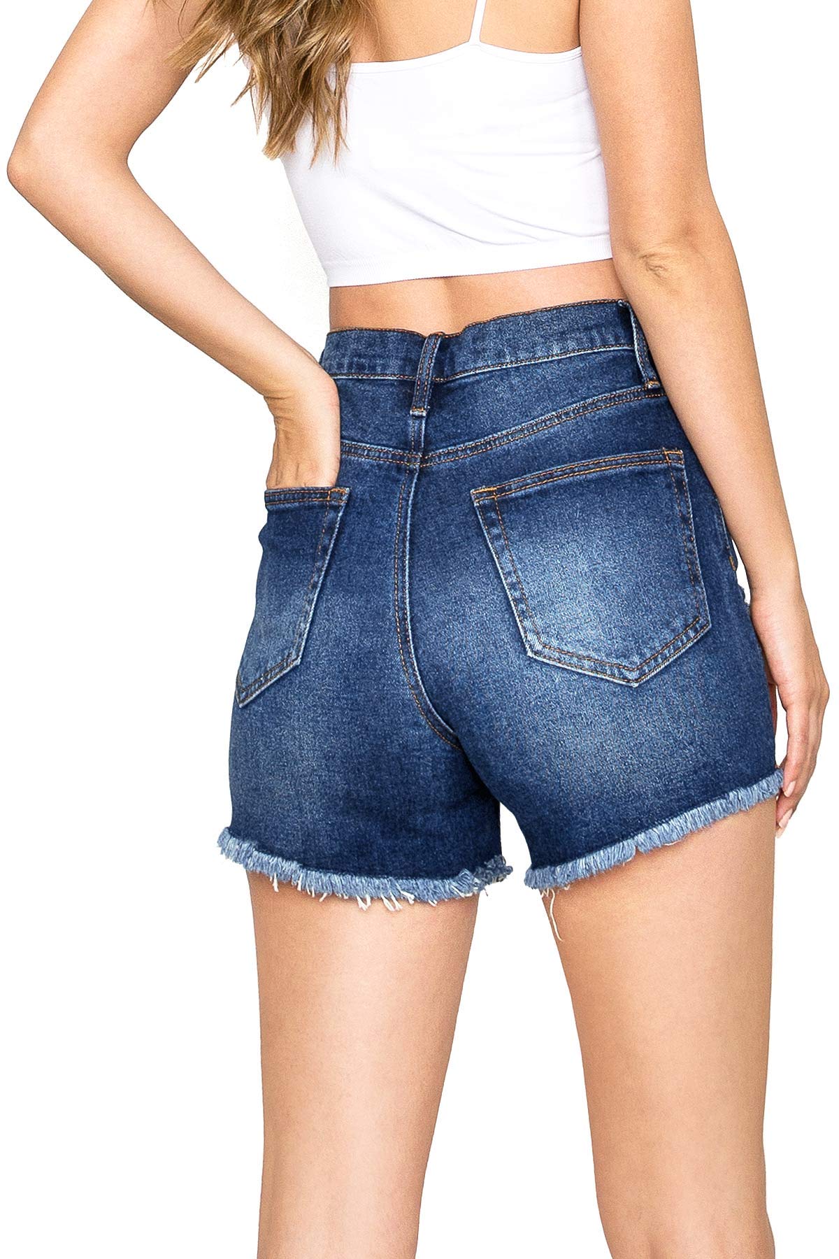 Medium Blue High - Waist Distressed Shorts