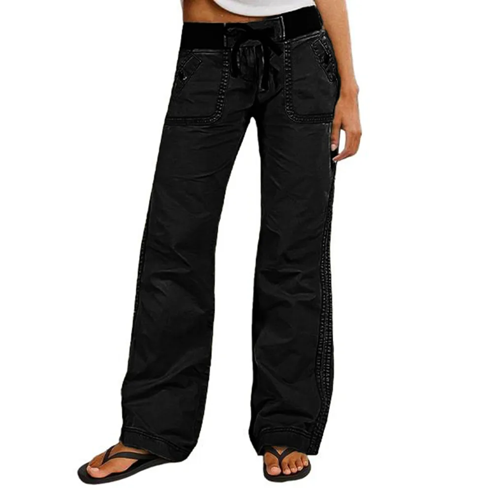 Solid Seam Detail Drawstring Mid Rise Straight Leg Pants
