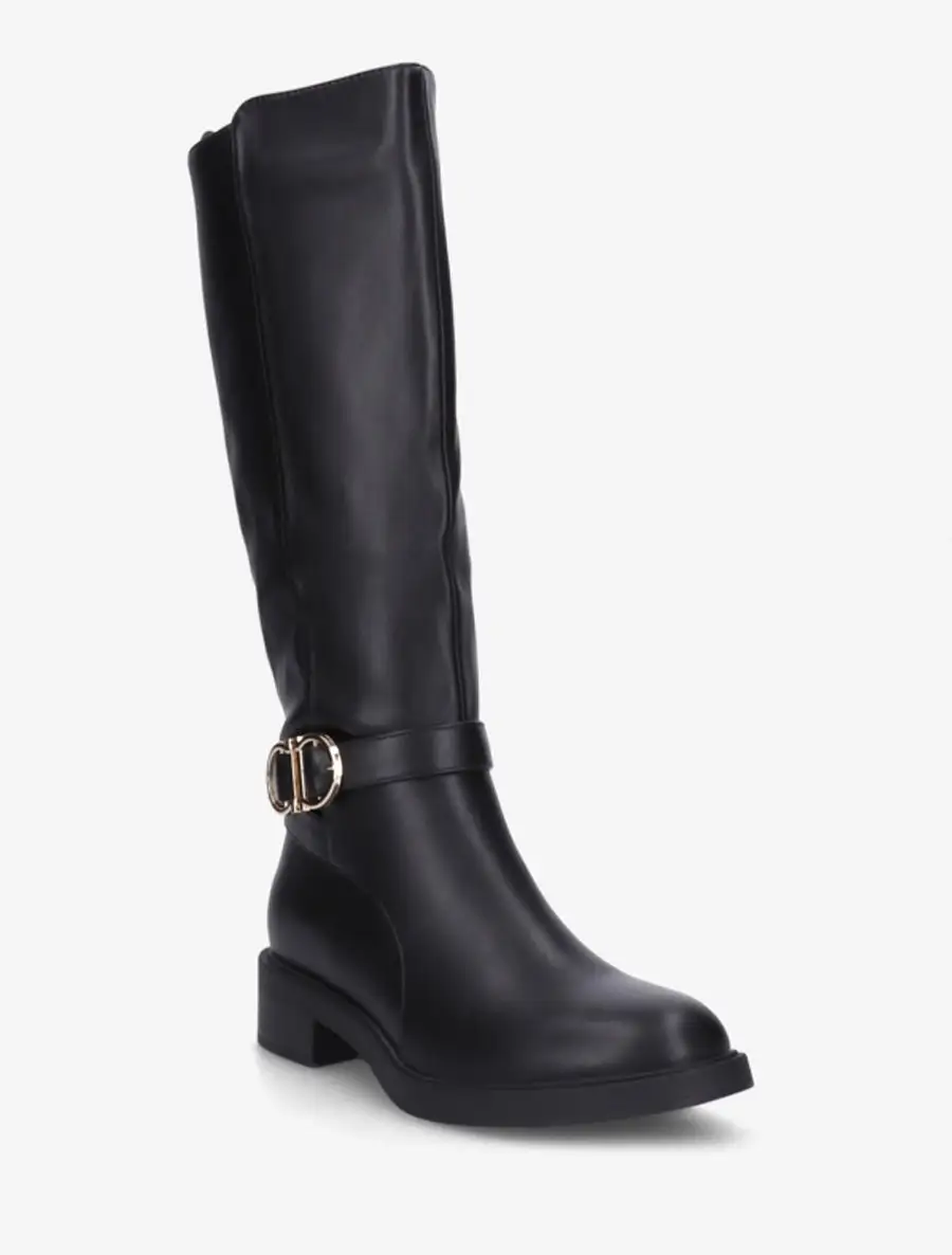 Refined Buckle Detail Block Heel Metal Detail Faux Leather Knee High Boots