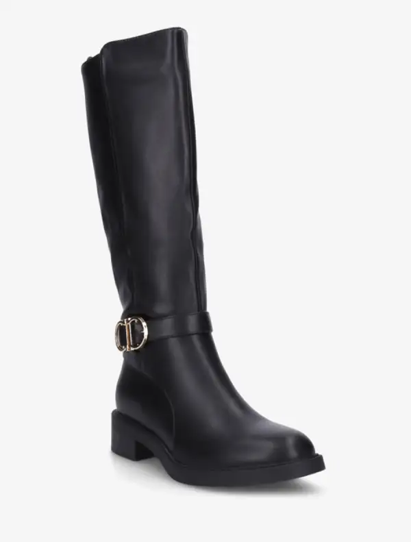Refined Buckle Detail Block Heel Metal Detail Faux Leather Knee High Boots