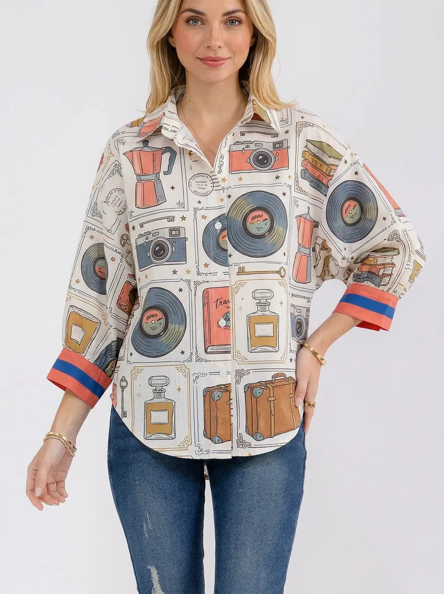 Women's Vintage Hobby Lover Camera Vinyl Book Printed Shirt