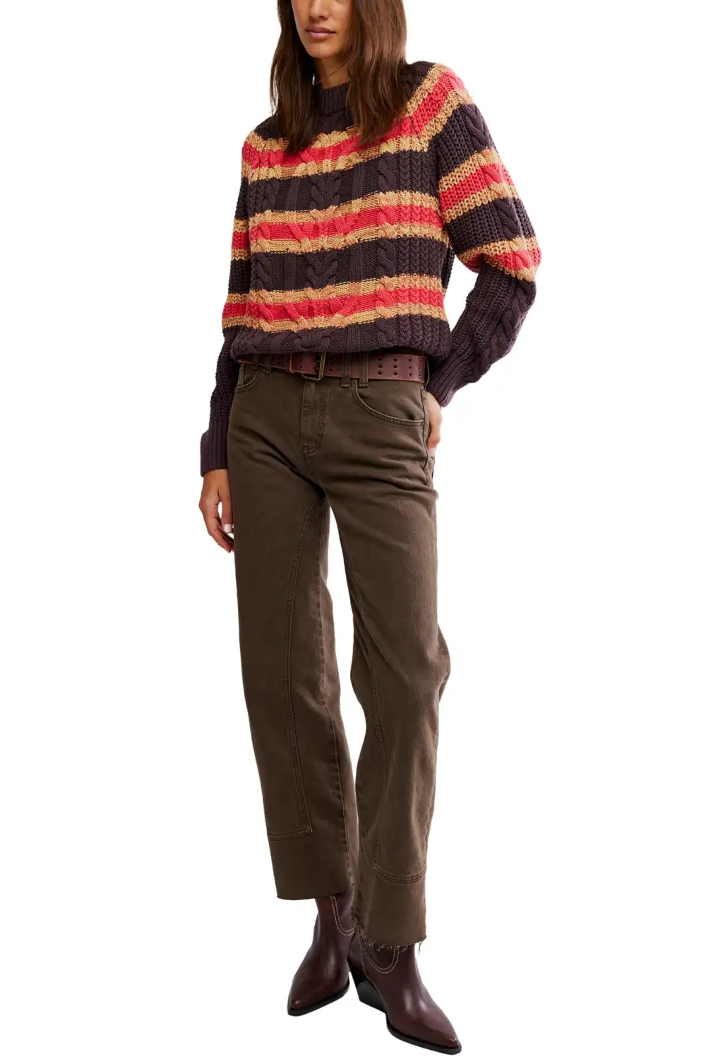 Striped Cable Knit Cropped Boxy Pullover Sweater