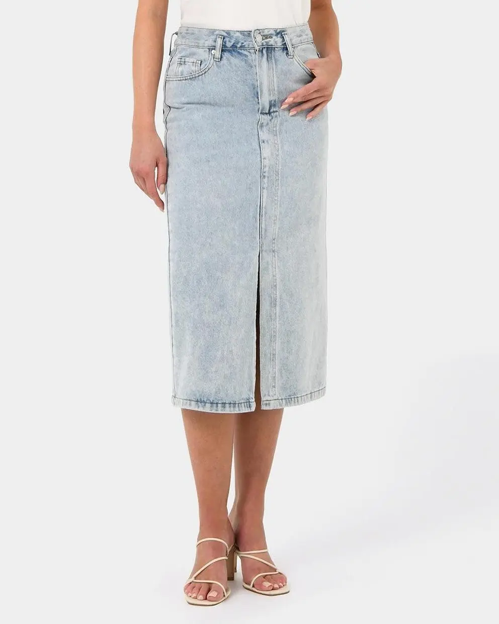 High Rise Midi Denim Skirt