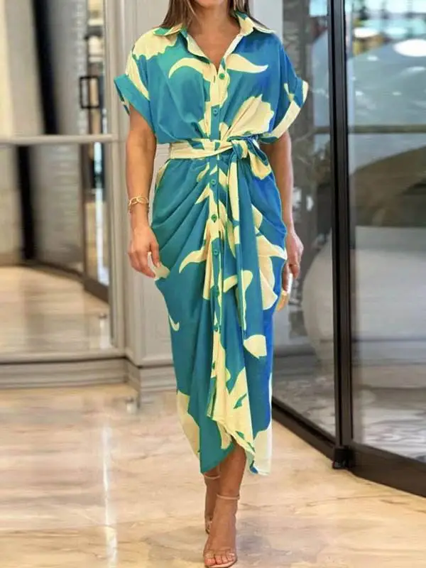 V Neck Pleated Belt Short Sleeve Midi Dress