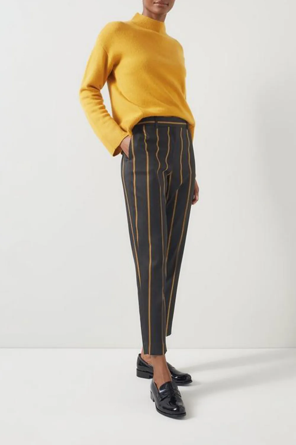 Grey Yellow Striped Cropped Trousers