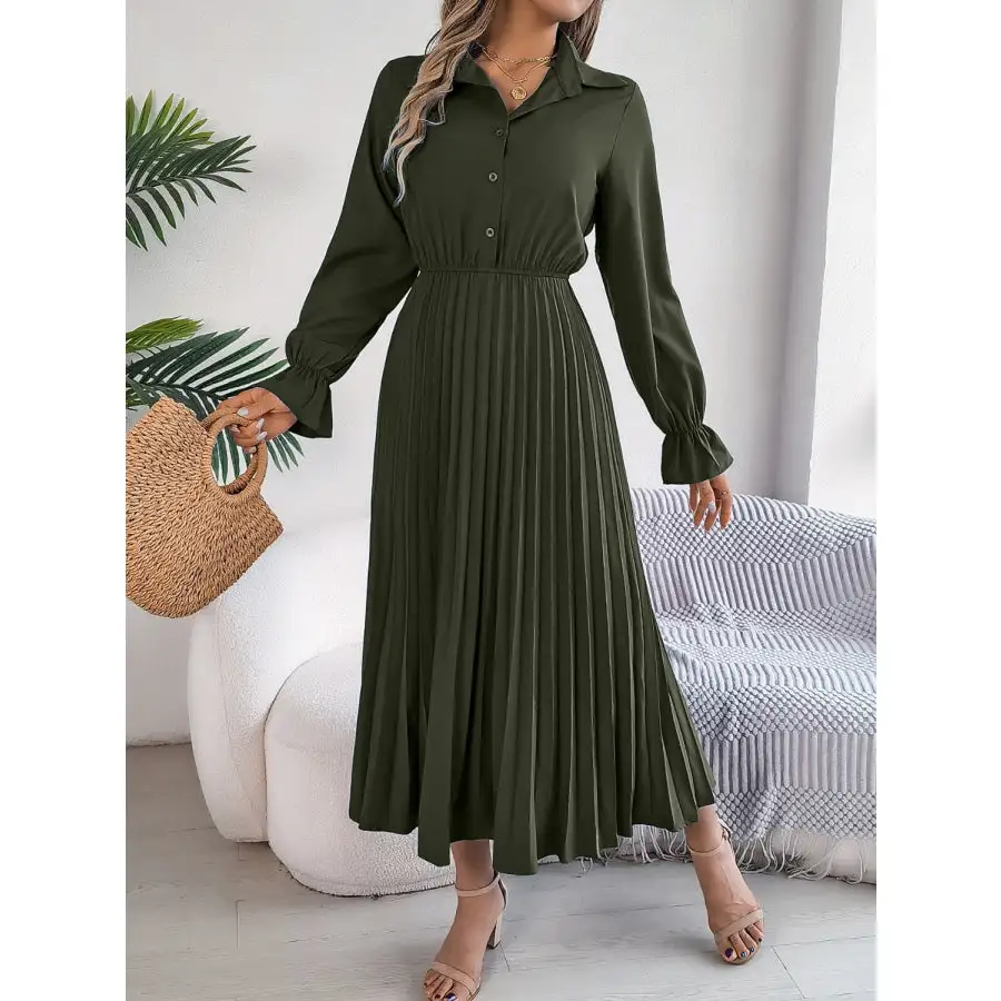 Pleated Half Button Long Sleeve Midi Dress