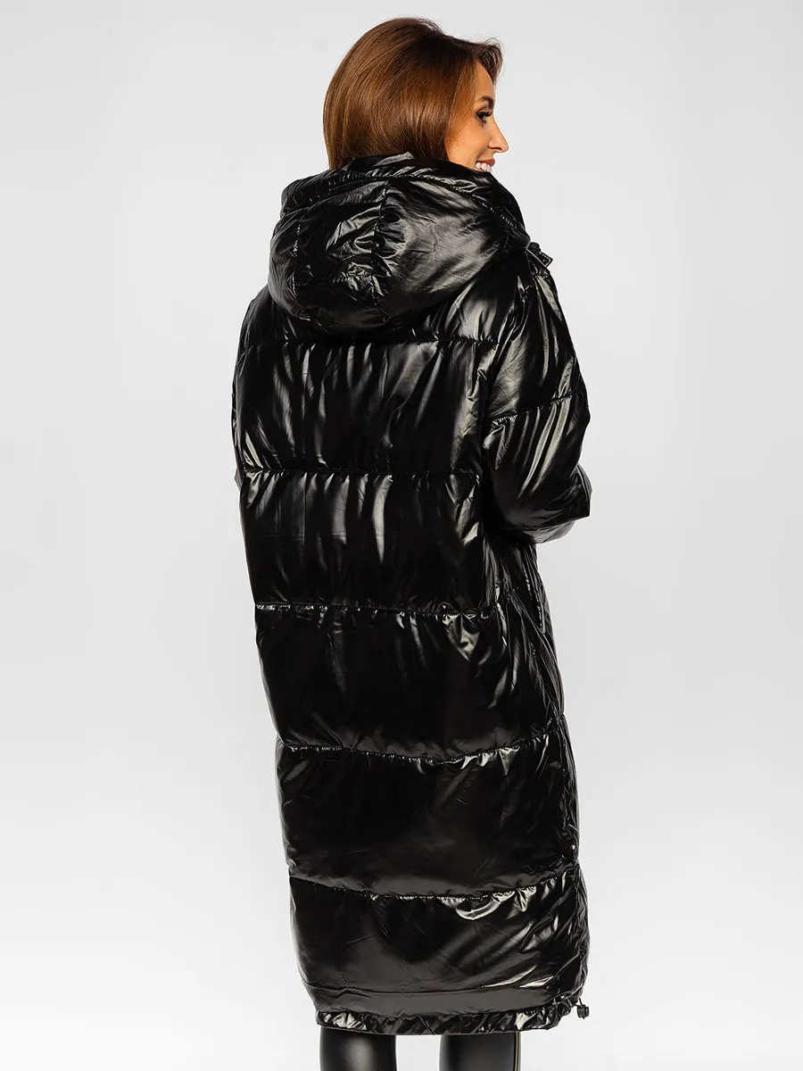 Black Women's Long Quilted Winter Jacket With Hood
