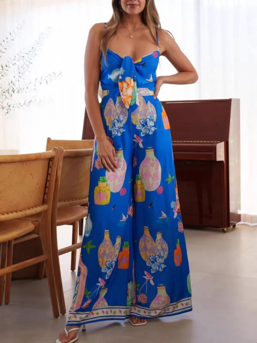 Printed Tie Front Wide Leg Jumpsuit