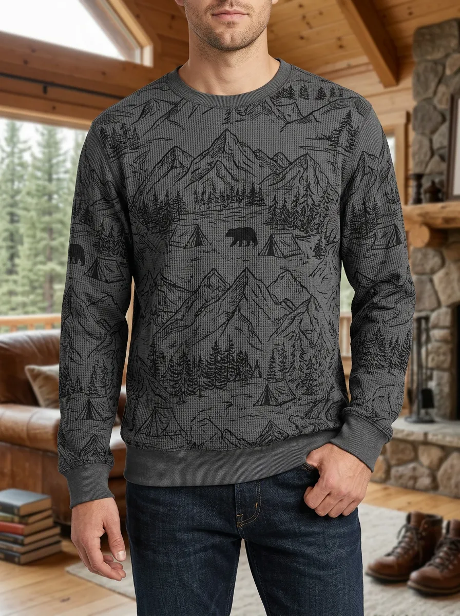 Men's Camping Bear Mountain Forest Printed Waffle Knit Sweatshirt