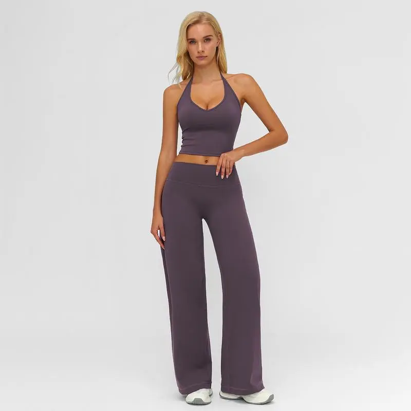 🔥Direct Factory Price - Women's Plain Crop Cami Top & Flare Leg Pants Sports Set