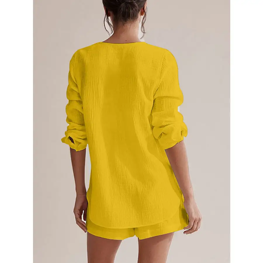 Relaxed Notched Long Sleeve Top and Shorts Set