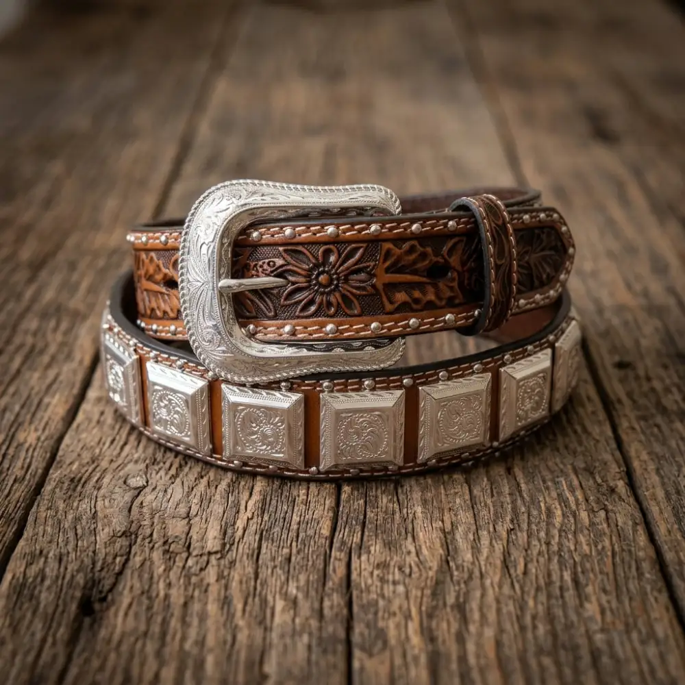 Floral Tooled Stitched Concho Leather Western Belt