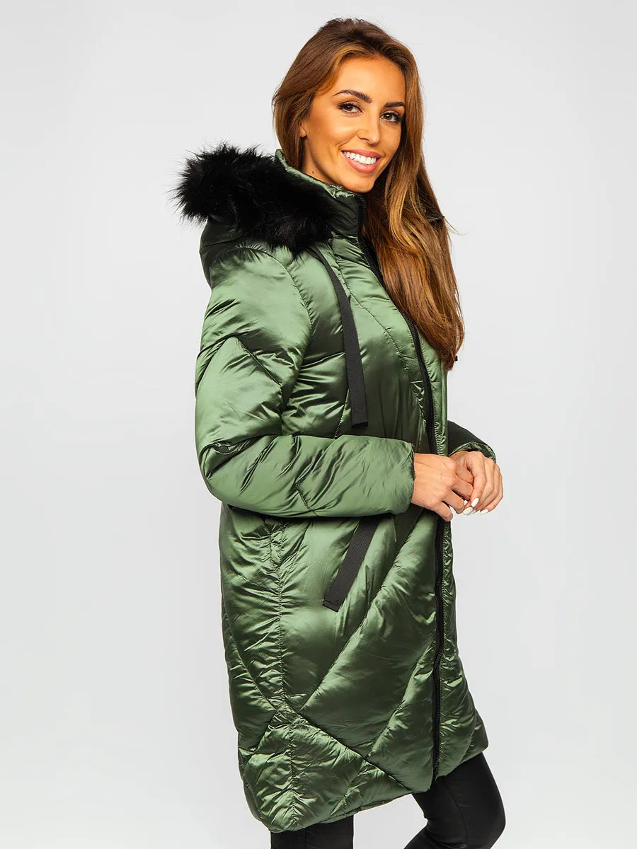 women's green quilted winter jacket with hood