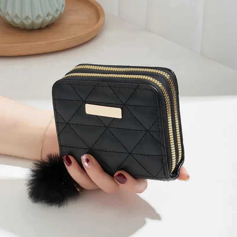 Compact Faux Leather Quilted Zip Wallet Clutch