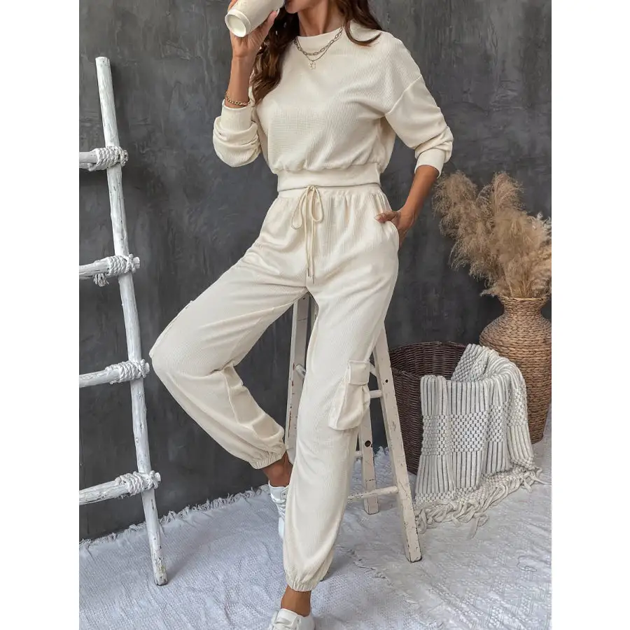 Vacation Round Neck Long Sleeve Top and Pants Set
