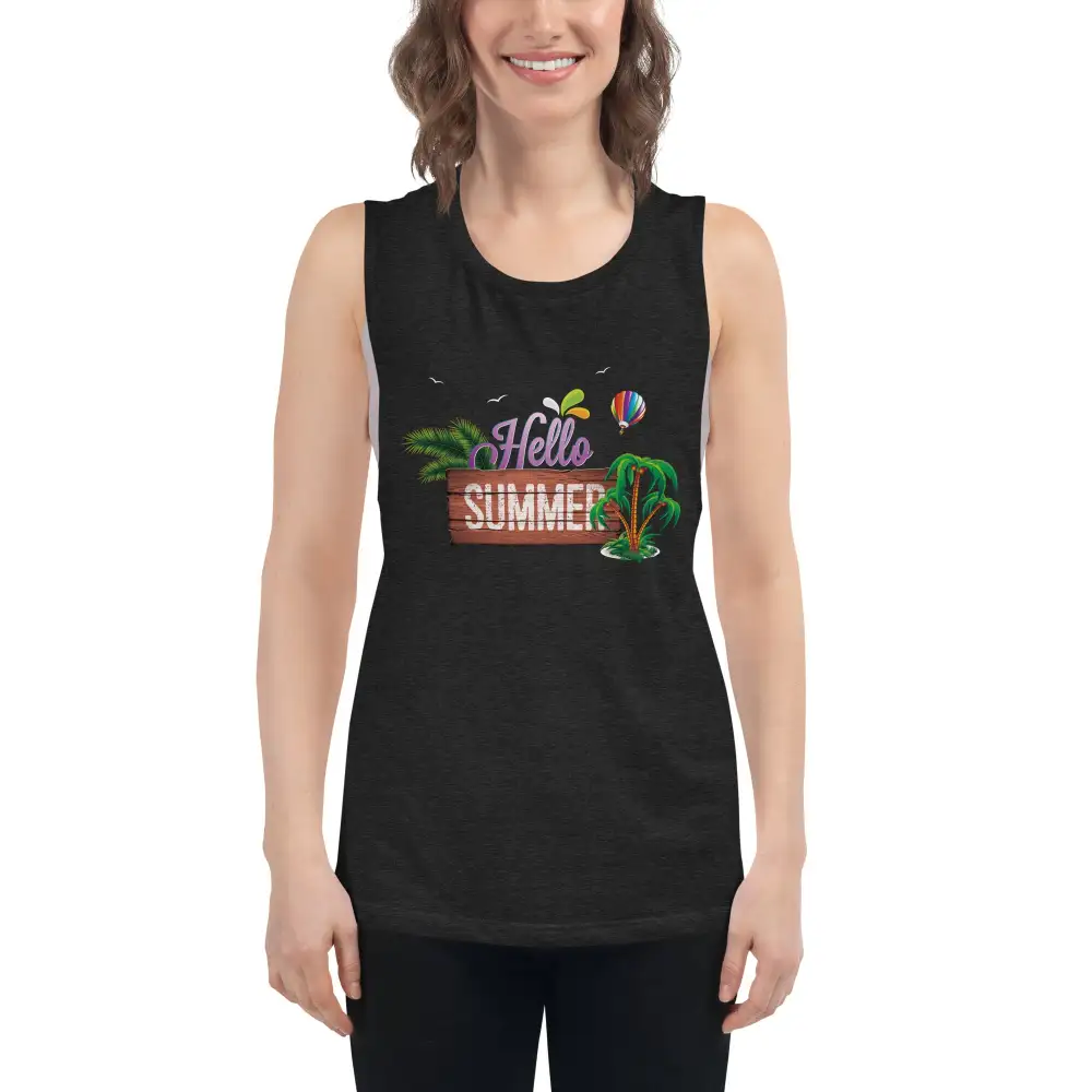 Graphic Ladies Muscle Tank Hello Summer Tank Top
