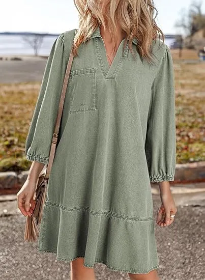 Women Fashion Fall Casual Babydoll 2025 V Neck 3/4 Puff Sleeve Jean Dresses