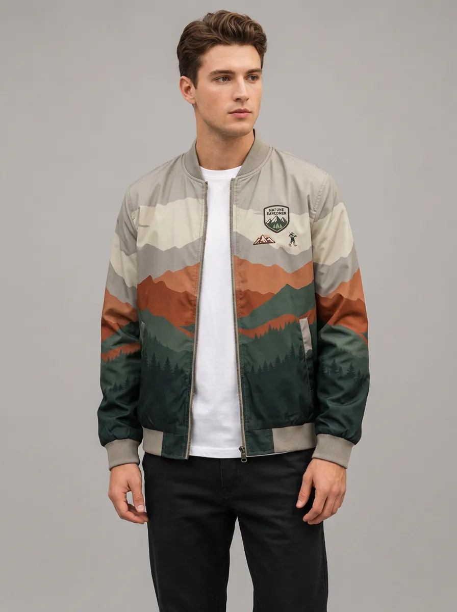Men's Nature Explorer Mountain Forest Printed Bomber Jacket