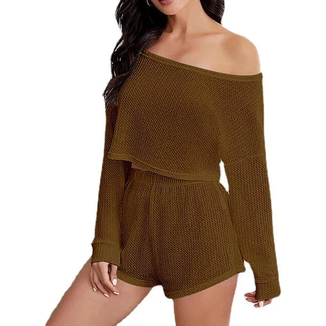 Off the Shoulder Long Sleeve Crop Top and Shorts Pajama Set