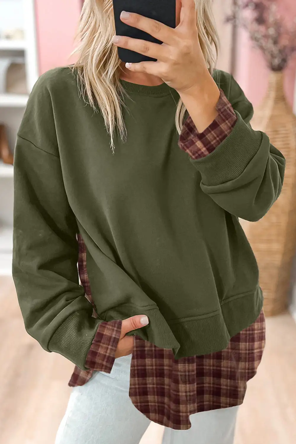 Plaid Patchwork Drop Shoulder Sweatshirt