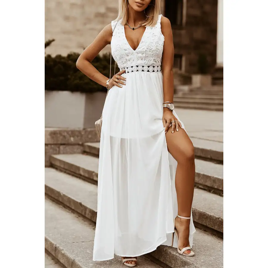 Slit Lace Detail V Neck Dress