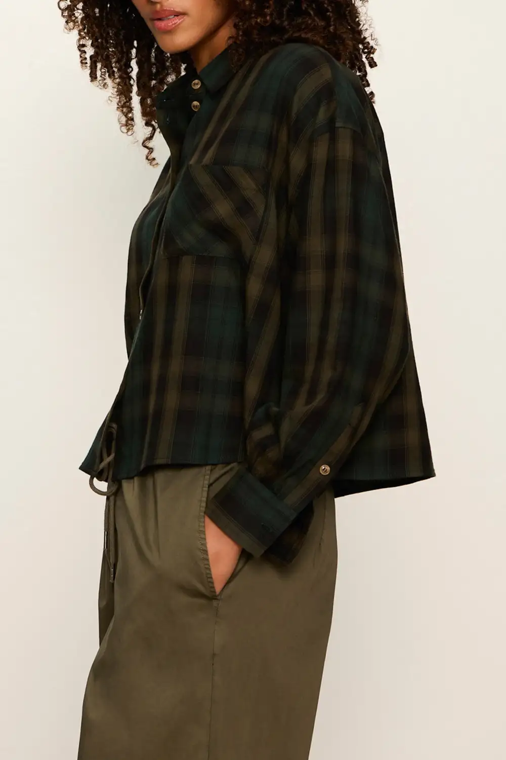 Plaid Button Front Collared Cropped Shirt