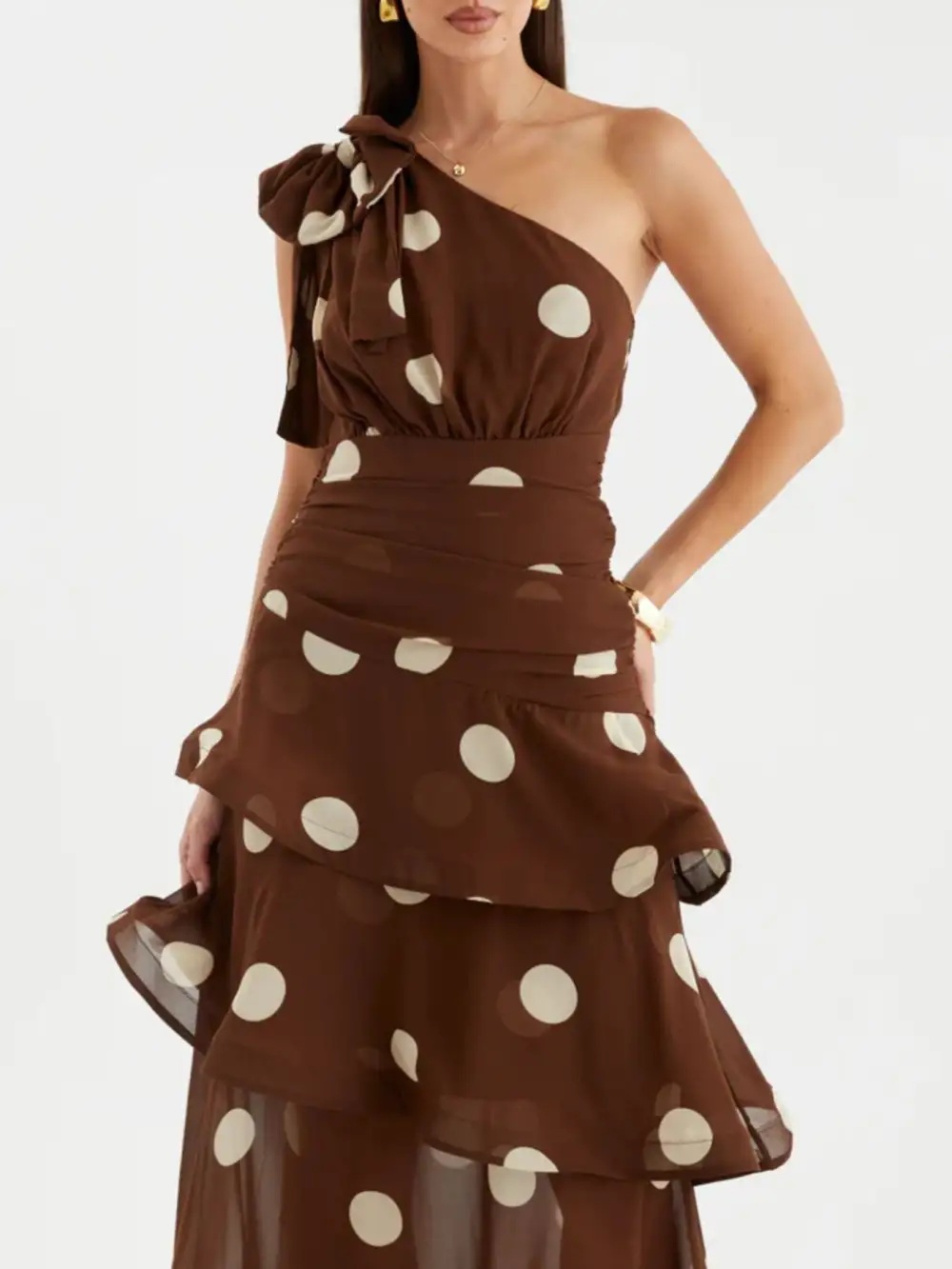 Tiered One-Shoulder Polka-Dot Casual Dress