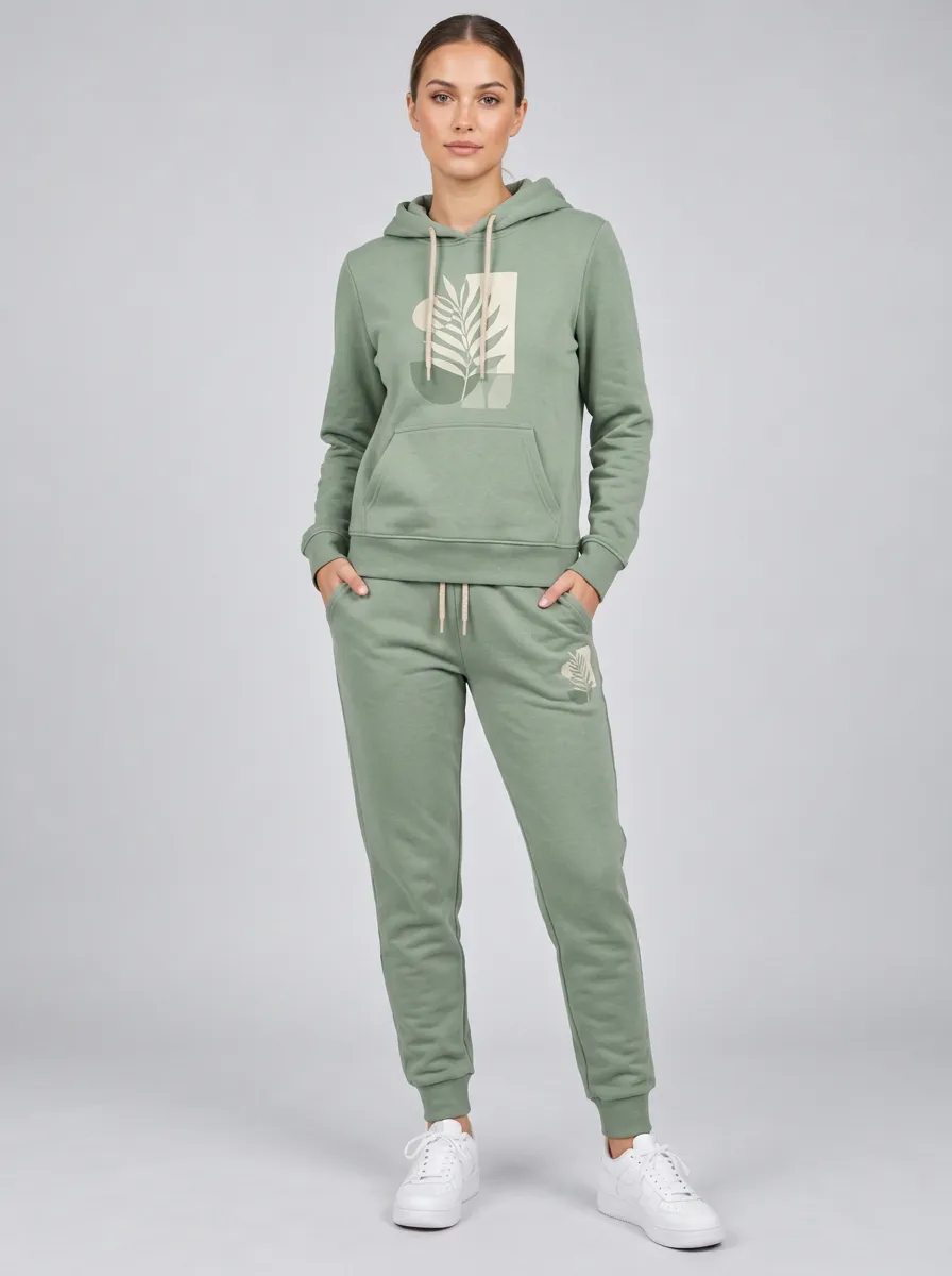 Women's Sage Green Cuffed Pants Kangaroo Pocket Solid Hoodie & Pants Set