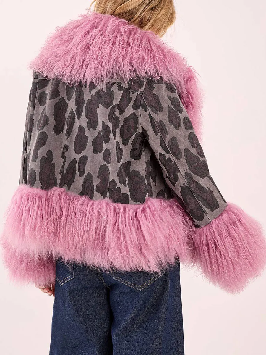 Women's Contrast Fuzzy & Leopard-Print Cropped Jacket