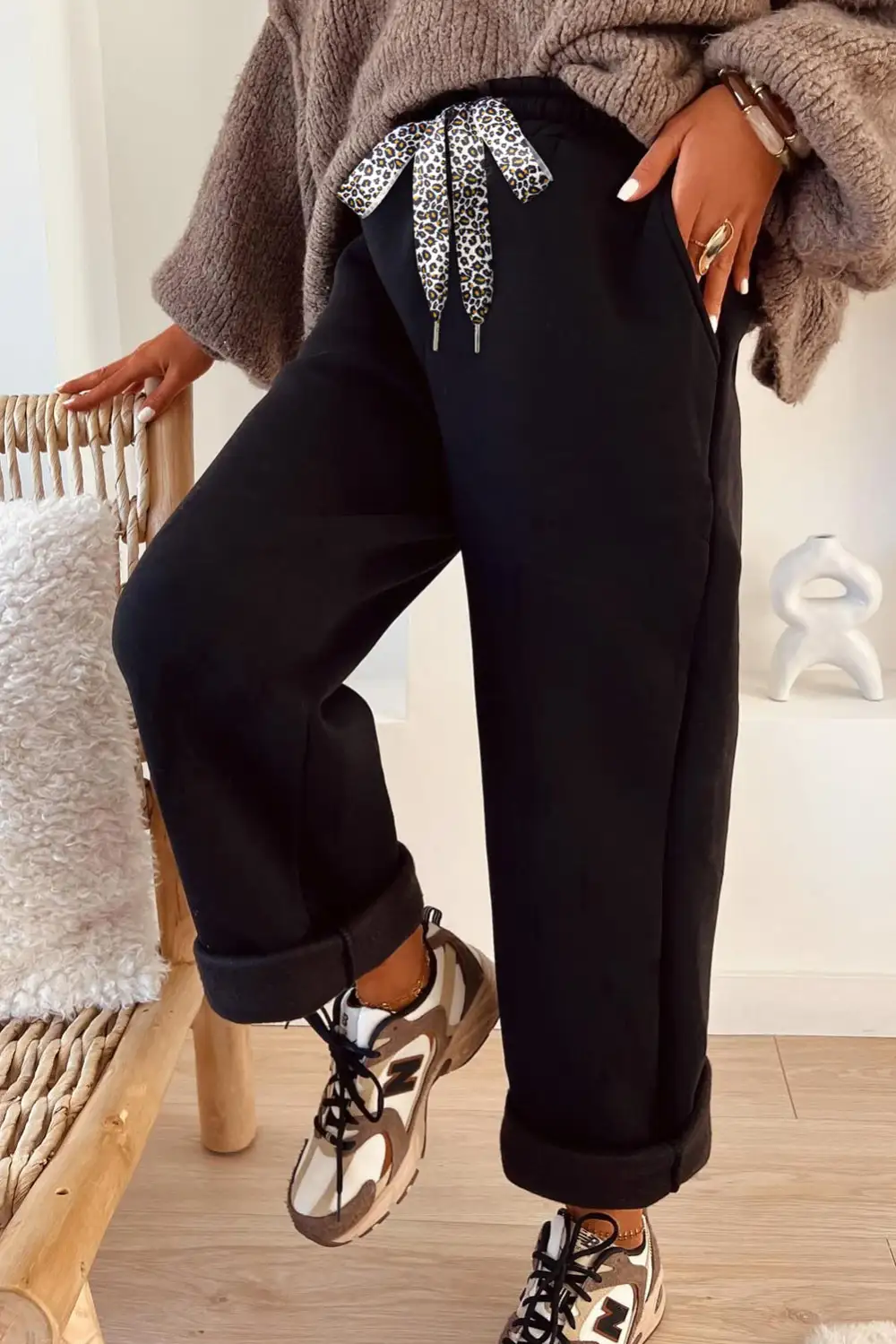 Fleece Lined Leopard Drawstring Elastic Rise Pants