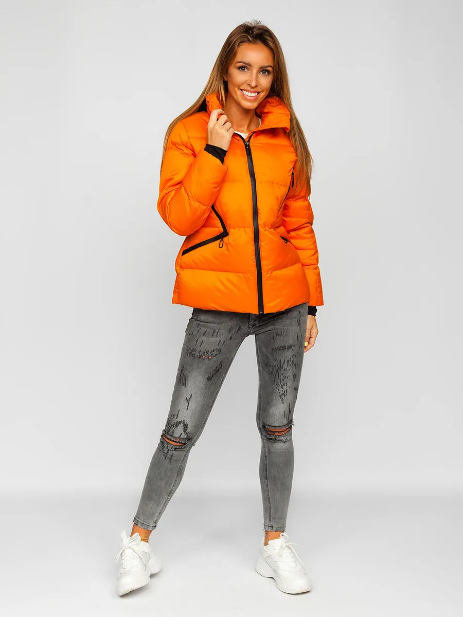 women's orange quilted winter jacket without hood