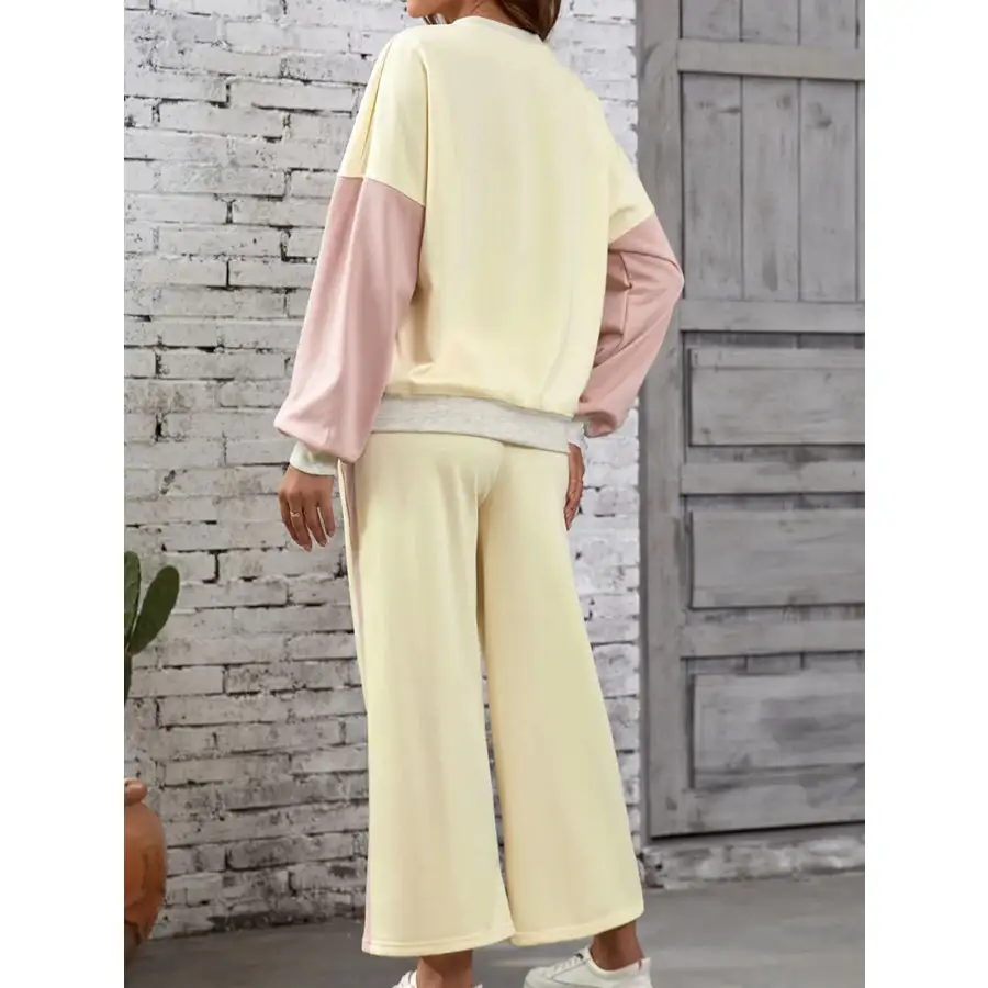 Block Round Neck Top and Pants Set