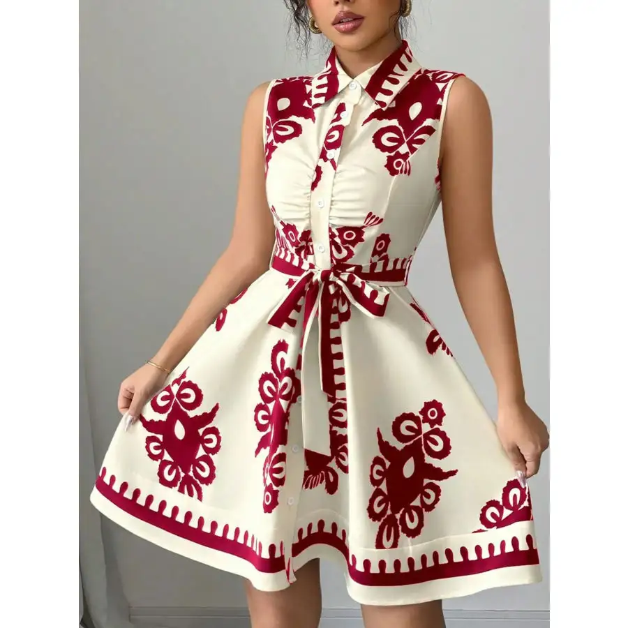 Printed Sleeveless Tie Waist Mini Dress