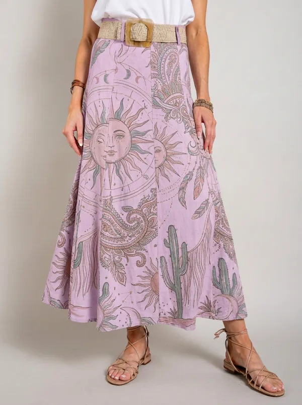 Women's Boho Celestial Sun Cactus Paisley Printed Midi Skirt