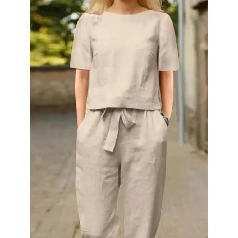 Relaxed Round Neck Short Sleeve Top and Pants Set