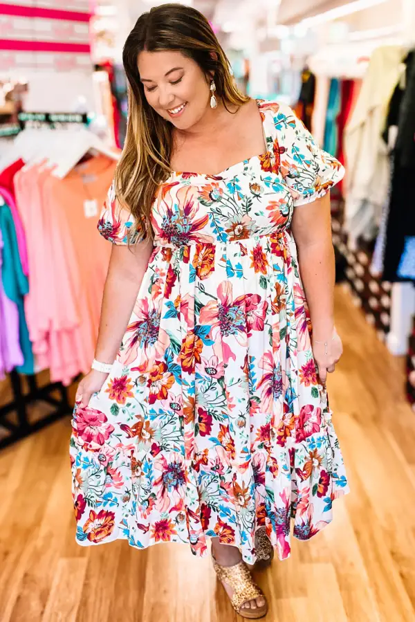 Floral Square Neck Puff Sleeve Midi Dress