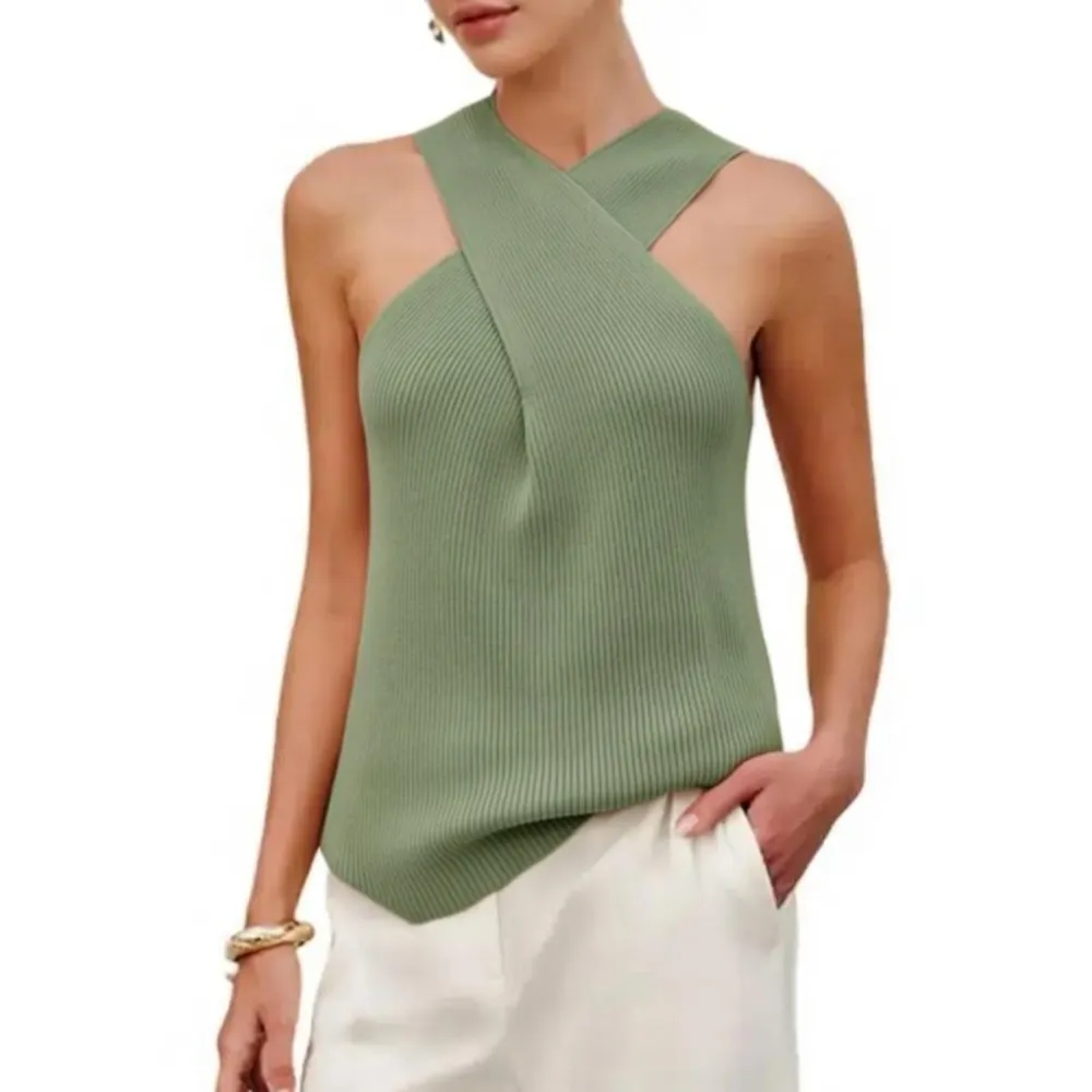 Tanming Women's Halter Cross Over Collar Tank Knit Sleeveless Camisole Top