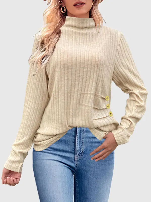Long Sleeve Relaxed Button Detail Pleat Detail High Neck T-Shirt