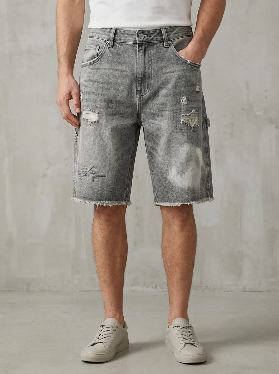 Men's Relaxed Geometric Distressed Raw Hem Street Inspired Distressed Denim Shorts