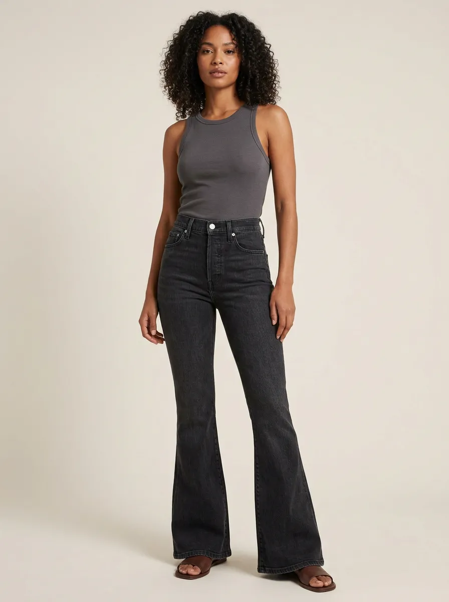Women's High-Waisted Flare Classic Crew Neckline Ribbed Trim Jeans