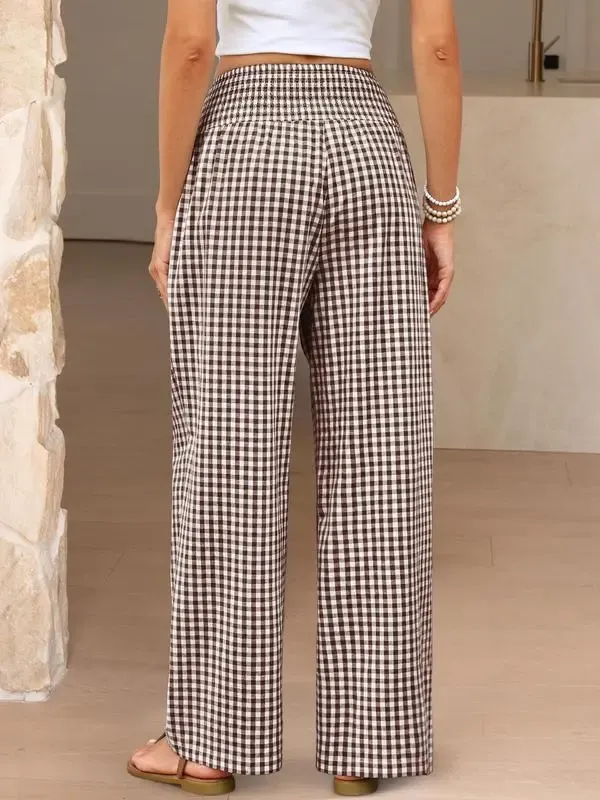 Women's High-Waisted Casual Striped And Checkered Wide-Leg Pants